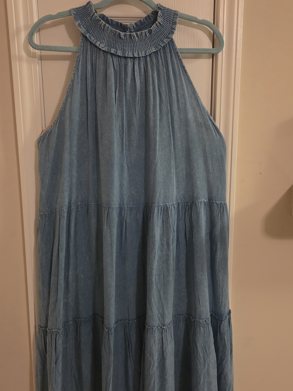 Mlle Gabrielle Light Blue Tiered Midi Dress with Smocked Halter Neck